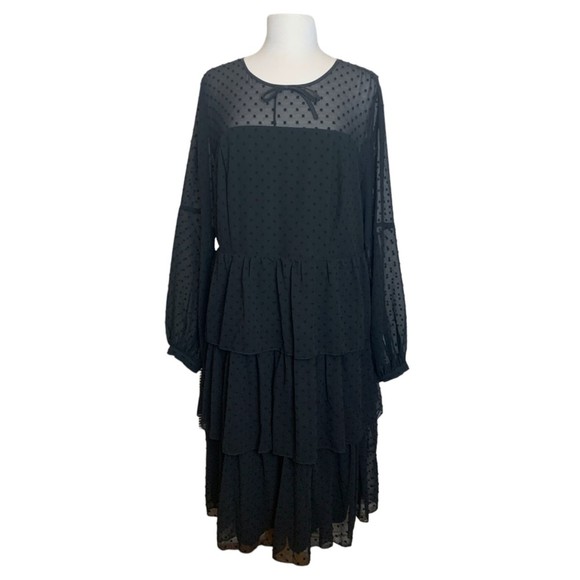 Eloquii Studio Tiered Ruffle Dress Black Swiss Dot Size 16 Plus Long Sleeve - Picture 2 of 12